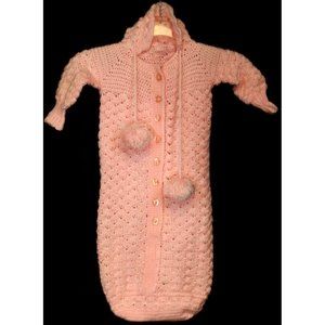 Hand Crochet Pink Baby Bunting Gown Hood One Size Newborn to 3 months Drawstring